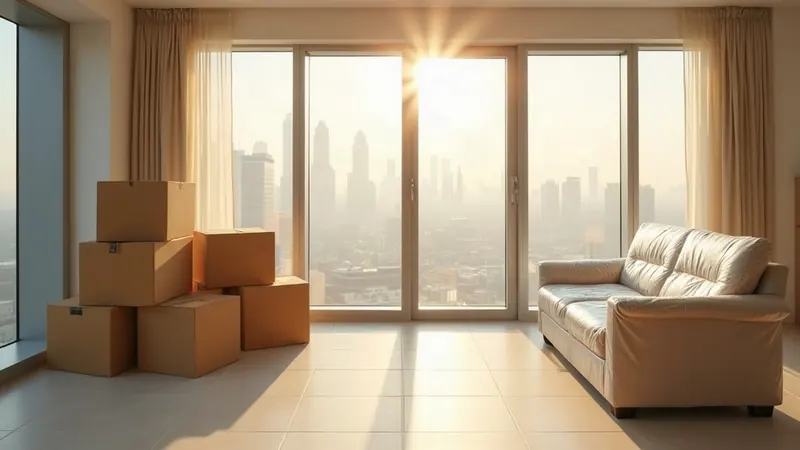 Sealed cardboard moving boxes and a sofa wrapped in protective film in an empty apartment, with a Dubai high-rise skyline visible through the window
