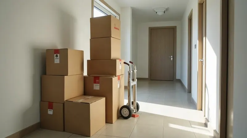 Labelled moving boxes and a flat trolley beside an apartment door in a residential tower corridor