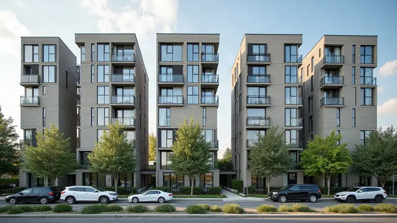 A row of modern mid-rise apartment buildings with surface parking in front