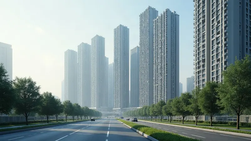 A cluster of tall residential towers seen from street level on a hazy day