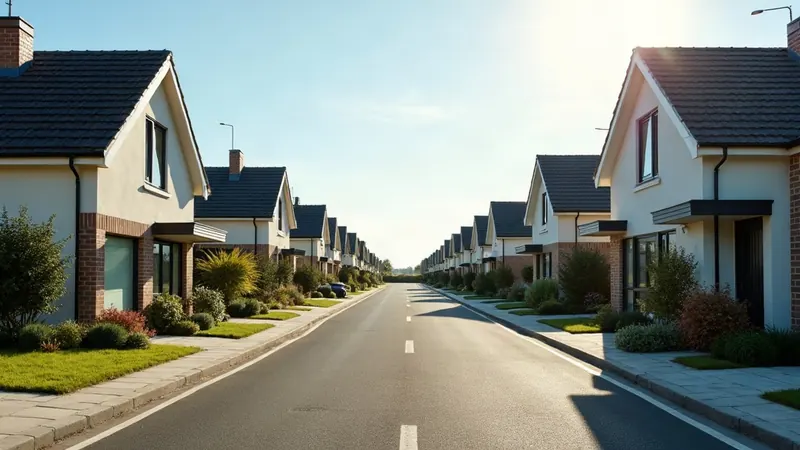 A quiet street of modern detached villas with driveways and mature landscaping