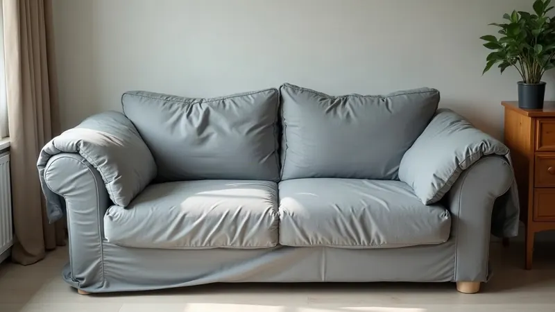 A sofa and an armchair fully wrapped in protective blankets and film, with corner protectors on a cabinet