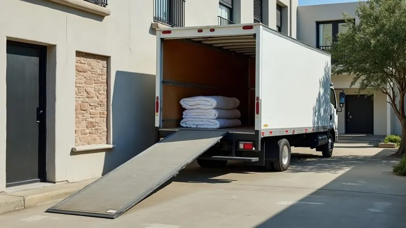 An unmarked box truck backed into a residential loading bay with its ramp down and moving blankets folded on the tail lift