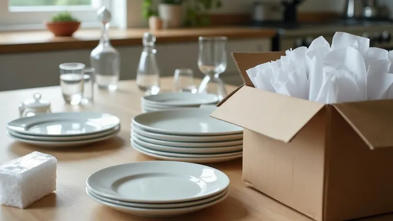 Glassware and plates being wrapped in paper next to a partly filled box with vertical dividers