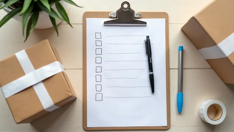 A printed checklist on a clipboard with a pen, labelling tape and two flattened cardboard boxes