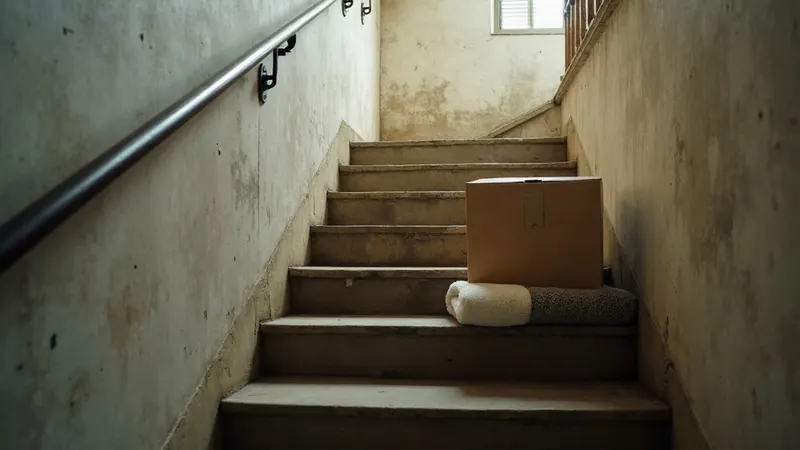 A concrete stairwell in an older low-rise building with two sealed boxes on the landing