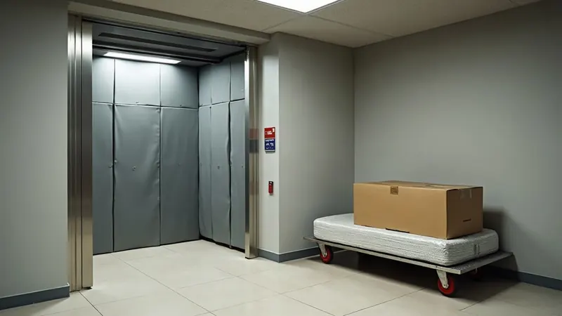 A padded goods lift in a residential tower service area, with a flat trolley of boxes and a wrapped mattress beside it